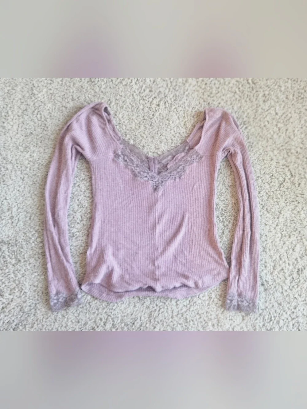 Free People Lace Trim Ribbed Long Sleeve Top - Mauve